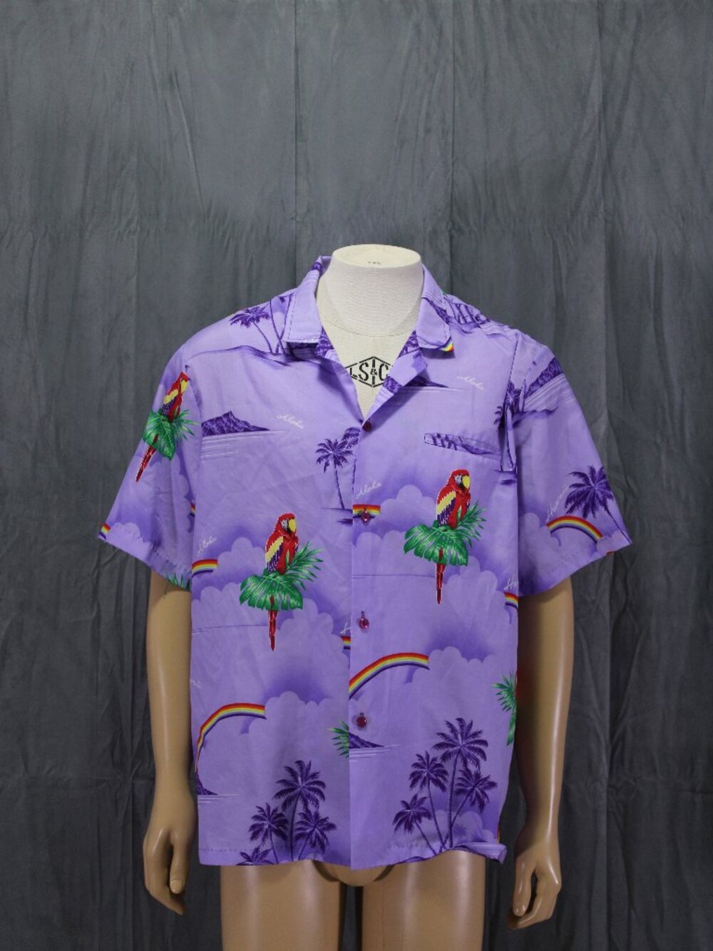 Vintage Hawaiian - Parrot and Rainbow Pattern on Purple - Men's Large